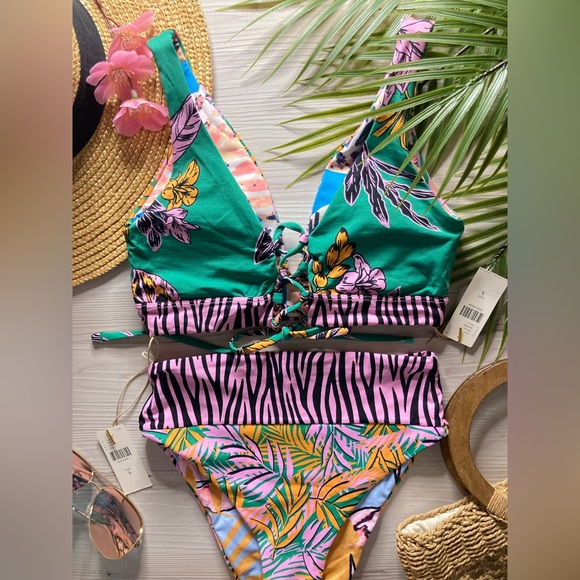 RARE Maaji 💚 Reversible Animal Print Floral 4-Way Top | High Rise Bikini Bottom - Picture 9 of 16